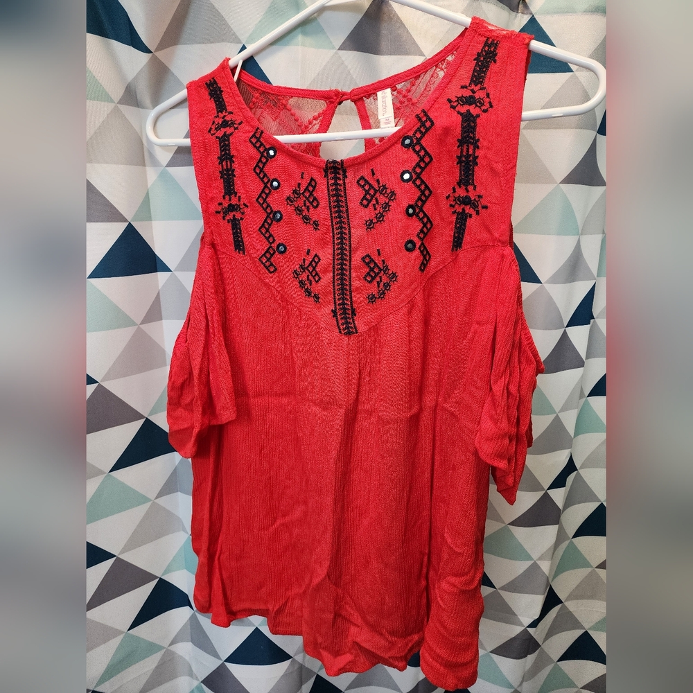 Red Embroidered Women's Top